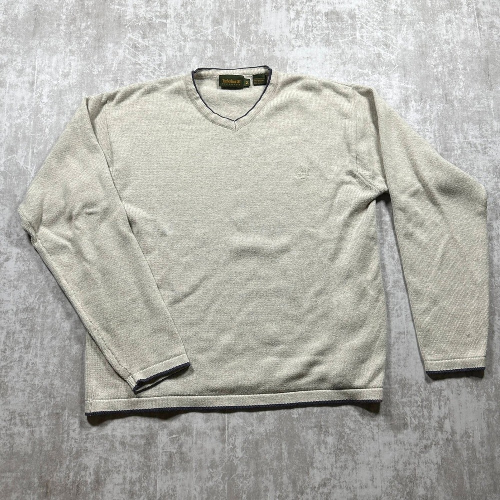 Vintage Timberland Weathergear V-Neck Sweater Mens Medium Beige Cotton